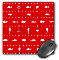 3dRose LLC 8 x 8 x 0.25 Inches Mouse Pad, Bright Red and White Contemporary Fish Starfish Seahorses and Anchor Nautical Sea Ocean Pattern (mp_76611_1)