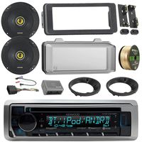 Kenwood KMRD372BT Marine Radio Stereo Receiver Bundle, 2x Kicker 6.5" 600W Speakers - 1998 2013 Harley Touring Adapter Dash Kit + Handle Bar Control Module + Weathershield Cover + Enrock 50ft Wire