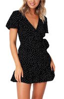 Relipop Summer Women Short Sleeve Print Dress V Neck Casual Short Dresses Black