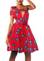Rebecca Women's Africa DIY Band Floral Print Backless Sleeveless Split Dress Lace High Waist Adjustable Straps Bohemia Dress(Short Style Red)