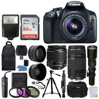 Canon EOS Rebel T6 DSLR Camera + EF-S 18-55mm IS II Lens + 75-300mm & 500mm Telephoto Lens + Filter Kit + 64GB Memory Card + Backpack & Accessory Case + Slave Flash + Remote + Tripod - Complete Bundle