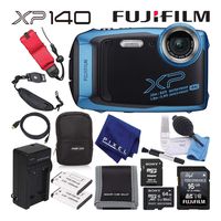 Fujifilm FinePix XP140 Waterproof Digital Camera (Sky Blue) Advanced Accessory Bundle with 64GB Memory Card + Extra Battery + Battery Charger + Floating Wrist Strap