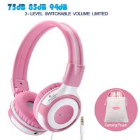 SIMOLIO Headphones for Kids with Share Port, 94-85-75dB Volume Limited Kids Headphone with Portable Bag, Toddlers Headphones with Cute Storage Bag, Kids Headsets for Girls/School/Travel (Pink & White)
