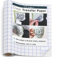 Kassa Vinyl Transfer Tape Roll (12" x 12 Feet) - 5 Black Vinyl Sheets Included - Clear Vinyl Transfer Paper for Cricut & Silhouette Cameo (w/Perfect Alignment Grid) - Medium Tack