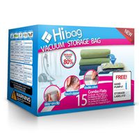 Hibag Space Saver Bags, 15-Pack Vacuum Compression Storage Bags (3 Small, 3 Medium, 3 Large, 3 Jumbo, 3 Roll Up Bags) with Hand Pump (15-Combo)