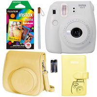 Fujifilm Instax Mini 9 Instant Camera - Smokey White, Fujifilm Rainbow Instant Mini Film, Fujifilm Instax Groovy Camera Case - White and Fujifilm INSTAX Wallet Album - Yellow