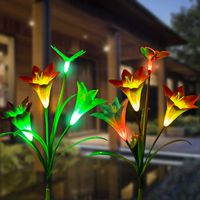 2pcs Outdoor Solar Garden Stake Lights - Solar Powered Multi-Color Changing Lights with 3 Lily Flowers and Butterfly, Hummingbird, Dragonfly, Solar LED Decorative Lights for Garden (White+ Yellow)