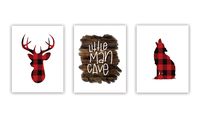 Set of 3 Woodland Animal Nursery Cardstock Prints - 8.5 x11" Little Man Cave, Buffalo Plaid Deer Silhouette, Buffalo Plaid Wolf Silhouette