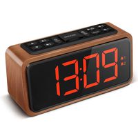 FM Radio Alarm Clock, Koosin Large LED Display Wood Digital Alarm Clock, Adjustable Brightness Dimmer and Snooze, Simple LED Clock with Dual Alarm, 12/24 Hour, Powered by AC Adapter