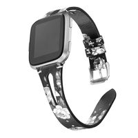 bayite Leather Bands Compatible with Fitbit Versa/Versa 2, Slim Wristband with Ventilated Hole Replacement Accessories Strap Versa Women Men, Black/Gray Floral
