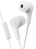 WHITE GUMY In ear earbuds with stay fit ear tips and MIC.  Wired 3.3ft colored cord cable with headphone jack.  Small, medium, and large ear tip earpieces included.  JVC GUMY HAFX7MW