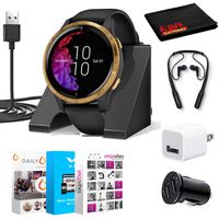 Garmin Venu Smartwatch (Gold Stainless Steel Bezel, Black Case, Silicone Band) with Charging Stand, Bluetooth Earbuds, Fitness Suite and More