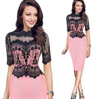 Women Lace Party Dress Half Sleeve Bodycon Pencil Evening Gowns for Party (L, Pink)