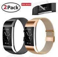 (2 Pack) Replacement Bands Compatible with Fitbit Charge 2, F.R Stainless Steel Metal Bracelet Strap with Unique Lock Compatible with Fitbit Charge 2 Fitness Tracker, 2X Screen Protector As Gift