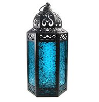 Vela Lanterns Moroccan Style Candle Lantern with LED Lights, Large, Blue Glass