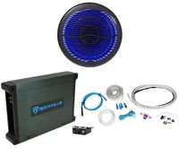 Rockville MS10LB 10" 2400w Black Marine/Boat 10" LED Free Air Subwoofer+Mono Amp+Wire Kit