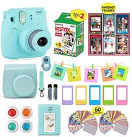 Fujifilm Instax Mini 9 Camera Bundle (Ice Blue) + Instant Camera Film 20 Sheets + Instax Case + Instax Camera Accessories Bundle, 1 Albums, 4 Color Lenses, Selfie Lens, 5 Desk Frames + 60 Stickers