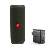 JBL Flip 5 Waterproof Portable Wireless Bluetooth Speaker Bundle with 2-Port USB Wall Charger - Green