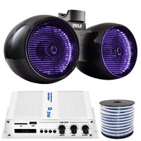 2 x Pyle 6.5" Marine 400W Multicolor LED Black Wakeboard Tower Speakers, Pyle 2-Channel Bridgeable Compact Boat Yacht Waterproof 200W RMS Amplifier, Enrock Speaker Wire