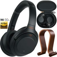 Sony WH1000XM3/B Premium Noise Cancelling Wireless Headphones w/Microphone (Black) + Wood Headphone Stand + Headphone Case