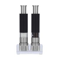 Grind Gourmet Salt and Pepper Grinder Set of 2 with Modern Thumb Push Button Black Grinder, Stainless Steel, for Black Pepper, Sea Salt and Himalayan Salt, With Stand, Peppermill are Refillable