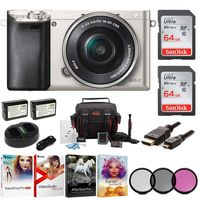 Sony Alpha a6000 Mirrorless Camera w/ 16-50mm Lens & Two 64GB SD Card Bundle (Silver)