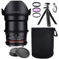 Samyang VDSLR II 35mm T1.5 Cine Lens for Sony E w/Lens Hood + Protective Lens Case, Spider Flex Tripod & Other Accessory Bundle