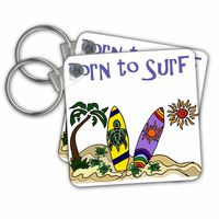 3dRose Key Chains Fun Cool Born to Surf Surfing Art with Surfboards at The Beach, Set of 2, 2.25 x 2.25" (kc_255744_1)