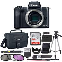 Canon EOS M50 Mirrorless Camera Body w/4K Video + 64GB Memory Card + Canon 100ES Case + Tripod + Slave Flash + Card Reader + Lens Pen + Blower + Filter kit (cpl FLD uv) + Tulip Hood - Value Bundle