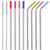 ALINK 10.5" Long Stainless Steel Straws, Set of 8 Reusable Replacement Metal Straws with Silicone Tips and Cleaning Brush
