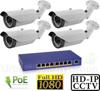 USG Four 1080P IP PoE Bullet Security Cameras + One 9 Port PoE Network Switch: 2.2MP 1080P IP PoE 2.8-12mm Varifocal Lens, 42x IR LEDs For 130 Feet Night Vision, IR-Cut, ONVIF, WDR, IP66 NEMA 4x Weatherproof