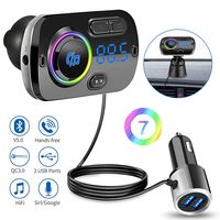 isinlive Bluetooth FM Transmitter for Car 7-Colors, Bluetooth 5.0 Wireless Bluetooth FM Radio Adapter QC3.0 Qucik Charger, 2 USB Ports, 4 Music Playing, Hands-Free Calls, TF Card, AUX Output