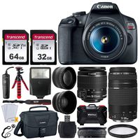 Canon EOS Rebel T7 DSLR Camera + EF-S 18-55mm f/3.5-5.6 IS II + EF 75-300mm f/4-5.6 III Lens + Canon EOS Shoulder Bag + 32GB & 64GB Memory Card + Wide Angle & Telephoto Lens + Flexible Tripod + Remote