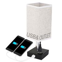 Jgstkcity Bedside Table Lamps with USB Charging Ports and Outlets Power Strip,Modern Desk Lamp, Square Black Charger Base with Linen Flaxen Fabric Shade, LED Light for Bedroom/Nightstand/Living Room