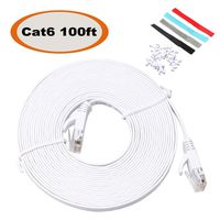 Cat6 Cable-Flat Ethernet Cable Cat 6 Patch Cord - PVC Jacket 32AWG Bare Copper Conductor - White 100ft with Cable Clips (100ft White)