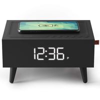SHARPER IMAGE Clock Radio with Wireless Qi Phone Charger, Midcentury Modern Bluetooth Alarm Clock with Interchangeable Legs and Backup Battery, Wake to Alarm or FM Radio