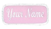 Name Patch Uniform Work Shirt Personalized Embroidered Pink with White Border. Sew on.