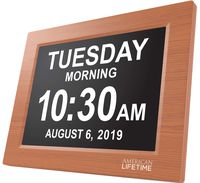 American Lifetime [Newest Version] Day Clock - Extra Large Impaired Vision Digital Clock with Battery Backup & 5 Alarm Options (Brown Wood Color)