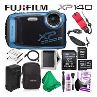 Fujifilm FinePix XP140 (600020656) Waterproof Digital Camera (Sky Blue) Essential Accessory Bundle Includes Floating Wrist Strap, 64GB SD Memory Card, Spare Battery, and Battery Charger