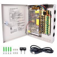 LETOUR DC Power Supply 9 Channel Port Output 12V 150W CCTV Electrical Box Distributed Power Supply Box with AC Power Line and Key (9CH 12.5A 150W)