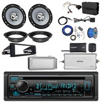 Kenwood KDCBT32 CD Bluetooth Radio, 2x 6.5" Black/Silver Speakers, Adapters, 4-Ch. Amplifier, Amp Kit, Harley Wiring Kit, Weathershield, Dash Kit, Antenna, 16-G 50 Ft Wire (Select '98-'13 Harleys)