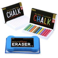 Huntz Non-Toxic White Dustless Chalk (12 ct Box) and Colored Dustless Chalk (12 ct Box) Bundle/Premium Microfibre Eraser