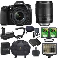 Canon EOS 80D SLR CMOS 24.2MP Digital Camera with Canon EF-S 18-135mm f/3.5-5.6 is USM Lens + 2 pc 32GB SD Cards + Extra Battery + Battery Grip + Video Light + Microphone + Scorpion Bracket + Case