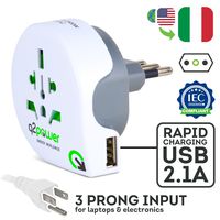 World to Italy Travel Adapter with USB Port by Q2Power, for Type L Outlets, Grounded and Safe, Works with Laptops, Computers, Smartphone Chargers, Portable Devices