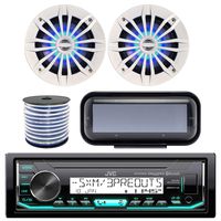 JVC KD-X33MBS In-Dash Marine Boat Bluetooth Radio USB Receiver Bundle Combo With Pair Of White Enrock EKMR1672W 6.5" Dual-Cone Stereo Speakers + Stereo Waterproof Cover + 18g 50FT Marine Speaker Wire