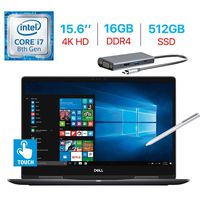 Dell 15.6-Inch 2-in-1 4K Ultra HD (3840 x 2160) Touch Laptop, Intel i7-8550U Processor, 16GB DDR4, 512GB SSD, NVIDIA GeForce MX130, Backlit Keyboard, Stylus Pen, Bluetooth, Windows 10 w/Type-C Hub