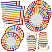 Rainbow Party Supplies Tableware Set 30 9" Paper Plates 30 7" Plate 30 9 Oz. Cups 60 Lunch Napkins for Colorful Birthday Parties Decorations Bright Multi Colored Stripe and Polka Dots Dinnerware Kit