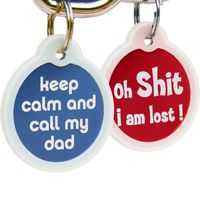 GoTags Funny Dog and Cat Tags Personalized with 4 Lines of Custom Engraved Text, Dog and Cat Collar ID Tags Come with Glow in The Dark Silencer to Protect Tag and Engraving, (Keep Calm Call My Dad)