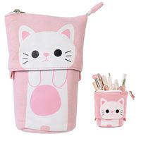 iSuperb Transformer Stand Store Pencil Holder Canvas+PU Cartoon Cute Cat Telescopic Pencil Pouch Bag Stationery Pen Case Box with Zipper Closure 7.5 x 4.9 x 3.0inch/4.1x 3.0inch (Pink)