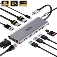 USB C HUB,ANWIKE USB C Laptop Docking Station, 12 in 1 Type C Hub Triple Display Adapter for Thunderbolt3 USB C Devices, Gigabit Ethernet Docking, 2HDMI 4K, VGA, Audio, 4USB Ports,SD/TF Card Reader